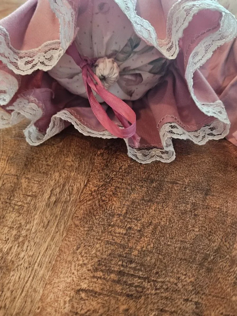 Vintage Shabby Chic Rose Floral Heart Bolster Pillow Set Mauve Ruffle Lace Trim